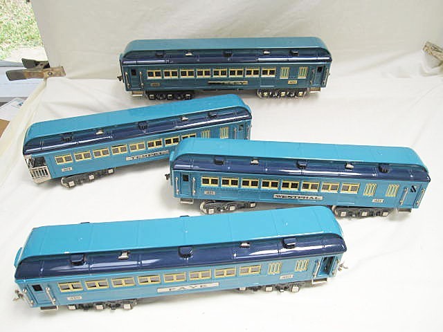 MTH 'Tinplate' Standard Gauge SET OF FOUR BLUE COMET PASSENGER CARS - excellent