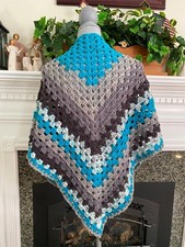 Handmade Crochet Triangle Granny Shawl Wrap Worsted Acrylic Yarn Blue Gray 66X30