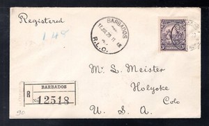 Barbados 1929 Christ Church to CO Registered Cover franked 3sh Seal, Scott 179
