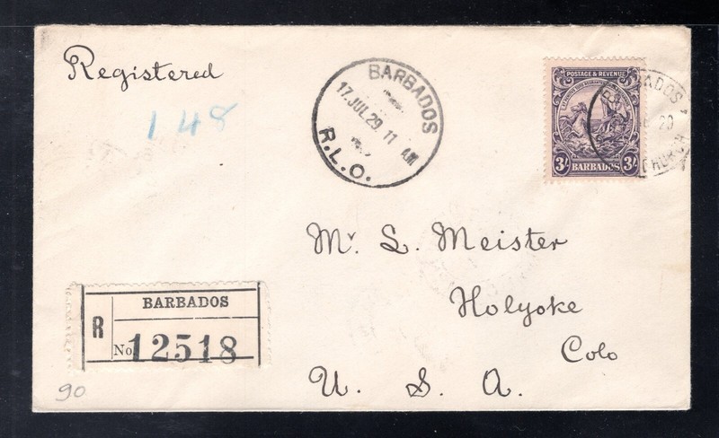 Barbados 1929 Christ Church to CO Registered Cover franked 3sh Seal, Scott 179