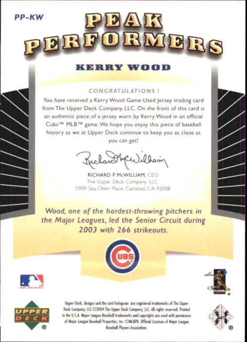 2004 Upper Deck Peak Performers Jersey #KW Kerry Wood Jersey - NM-MT - Image 2 of 2