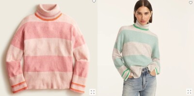 New J Crew Green Pink Striped Turtleneck Merino Wool Crop Sweater