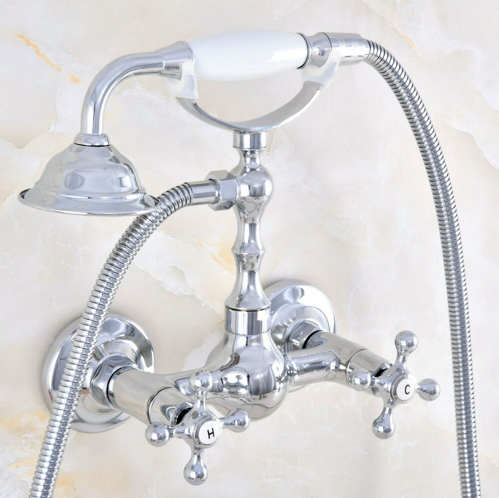 Chrome Brass Wall Mount Bathroom Faucet with Hand Spray Shower Mixer ...