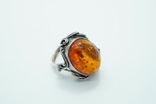 Vintage Sterling Silver Amber Ring with Scroll Design, Size 6