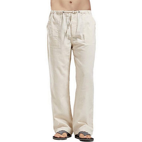 Pantalones largos sueltos de lino de algodón para hombre cintura ancha recta - Imagen 4 de 17