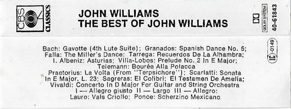 JOHN WILLIAMS THE BEST OF CASSETTE CBS CLASSICS 4061843 Baroque Romantic - Image 4 of 4