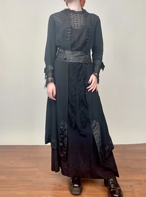 Antique Victorian Edwardian 1900s Black Silk Tea Dress Embroidered Lace AS IS | eBay Antique Victorian Edwardian 1900s Black Silk Tea Dress Embroidered Lace AS IS | eBay