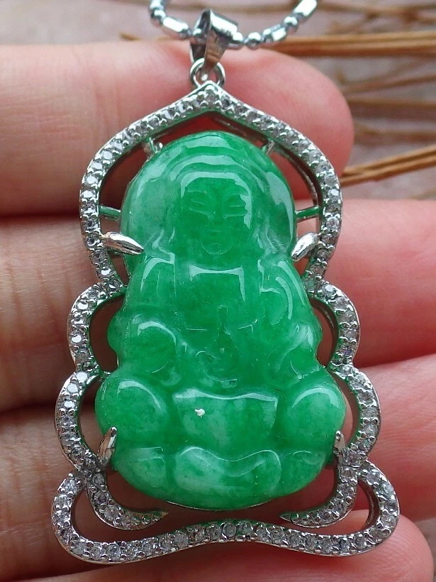 White Gold Plate Green JADE Pendant Guanyin Kwan yin Diamond