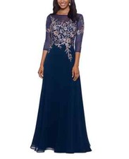  299 Betsy  Adam Floral-Embroidered Mesh 3/4-Sleeve Gown NAVY 6