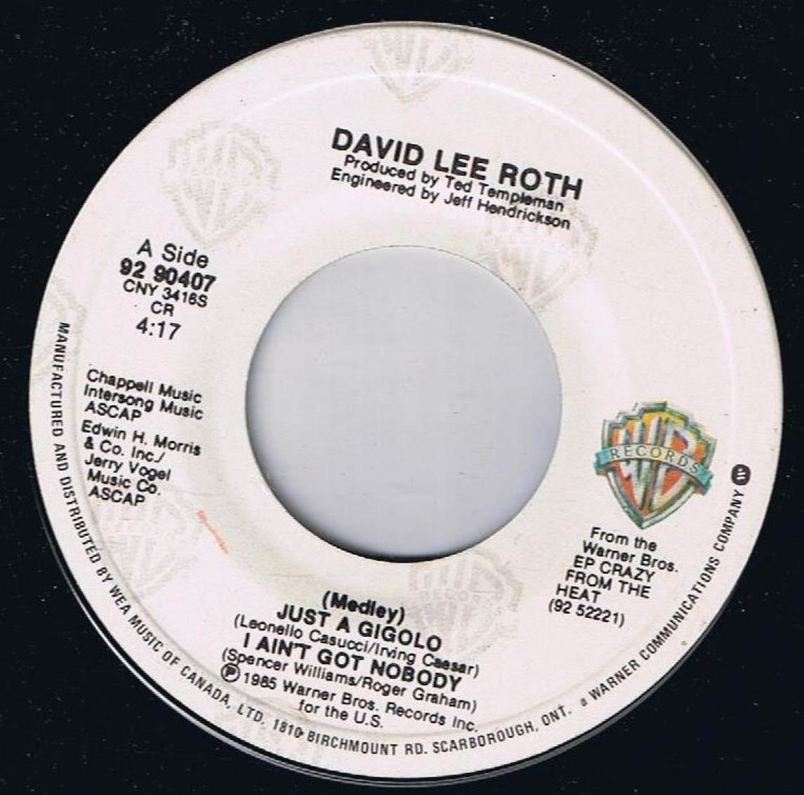 David Lee Roth Just A Gigolo I Ain't Got Nobody 45 rpm Remix Canadian Pressing