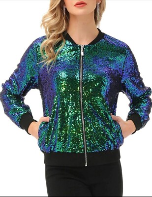 Kancy Kole Green Sequin Front Zip Long Sleeve Party Bomber