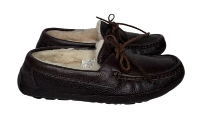 UGG Sheepskin-Lined Moccasin Slippers Mens Size 8 Dark Brown Indoor Outdoor Sole - Image 1 of 4