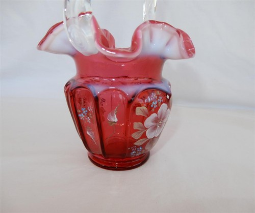 Fenton Hand Painted Cranberry Opalescent Basket "Open Heart Arches" JK Spindler - Picture 12 of 12