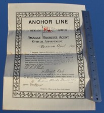 ANCHOR LINE VICTORIAN UNUSUAL TRAVEL AGENTS AUTHORITY CERTIFICATE 1899