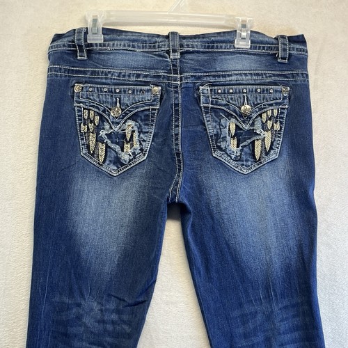 Rebel & Soul Jeans Women 15 Skinny Embellished Whiskered Dark Denim Pants - Picture 4 of 11