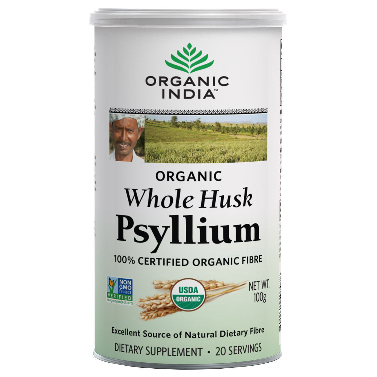 Organic India Whole Husk Psyllium 100gm Cannister Organic Dietary Fiber USDA