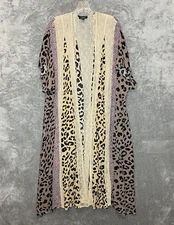 Women Leopard Cheetah Mixed Media Open Front Waterfall Oversized Cardigan Top S