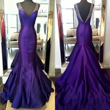 Purple Mermaid Formal Evening Dress Satin V Neck Sleeveless Sequined Prom Dress