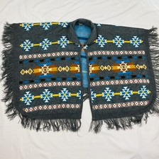 Kambo Wool Gray Aztec Print Fringe Poncho Jacket
