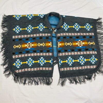 Kambo Wool Gray Aztec Print Fringe Poncho Jacket