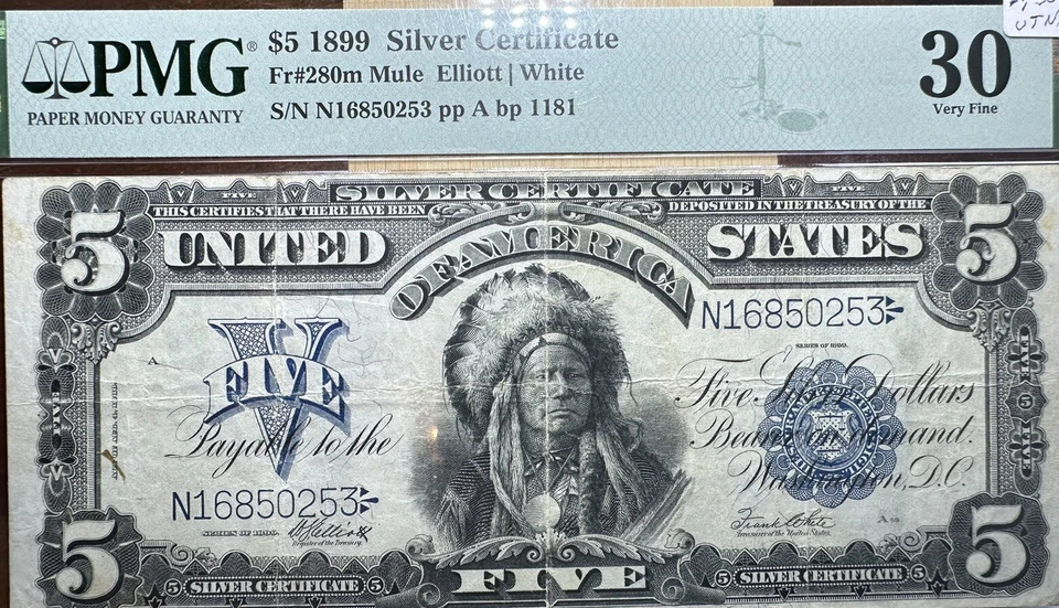 ✪ 1899 $5 SILVER CERTIFICATE "CHIEF" PMG 30 Fr 280 MULE JOHN BURKE BACK PLATE - Image 2 of 4