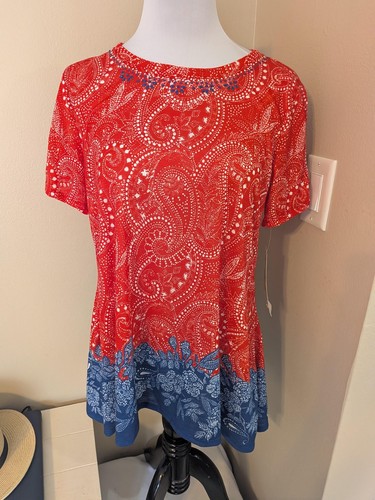 Ruby Rd Favorites Sz. S R/W/B Print Short Slit Sleeves Bling Neck Trim Top NEW