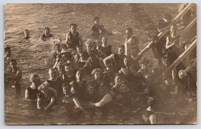 Salt Lake City Utah?~Swimmers Gather Around Dock or Ship~c1910 RPPC Postcard