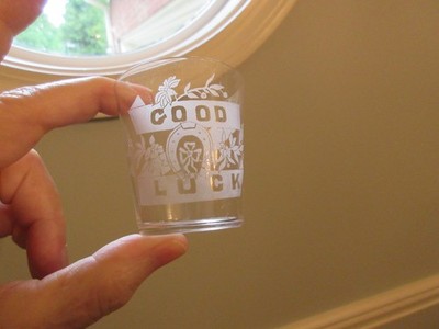 PRE PRO WHISKEY SHOT GLASS '' GOOD LUCK '' horseshoe clover GEO TROUG signed GT