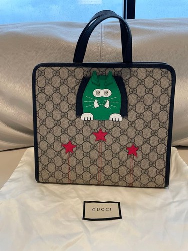GUCCI GG Cat Tote Hand Bag Magnetic Leather PVC Brown Black Green Red From Japan