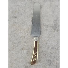 Vintage Serrated Cake Knife Pie Server Faux Wood Floral Gold Inlay Mid Century