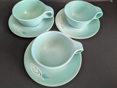 VTG Russell Wright Teacup & Saucer Sets (3) Turquoise Leaf Pattern Melamine MCM