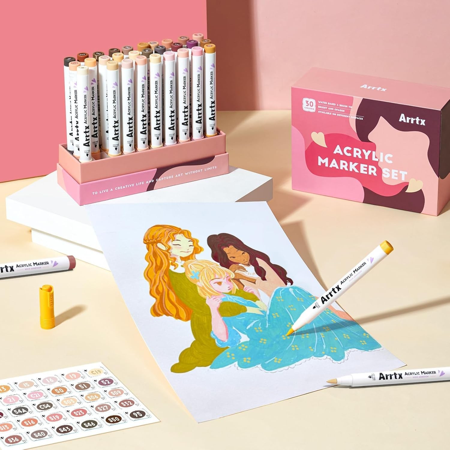 Arrtx Acrylic Markers Skin Tone 30 Colors,Brush Tip, Acrylic Paint Pen Markers