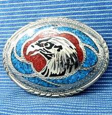 Eagle Belt Buckle Large Heavy Southwestern Red Blue Stone Inlay Vtg 70s .CVB788