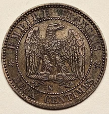 1862 K 🇫🇷 France 2 Centimes Napoleon III Bronze - Free Shipping!
