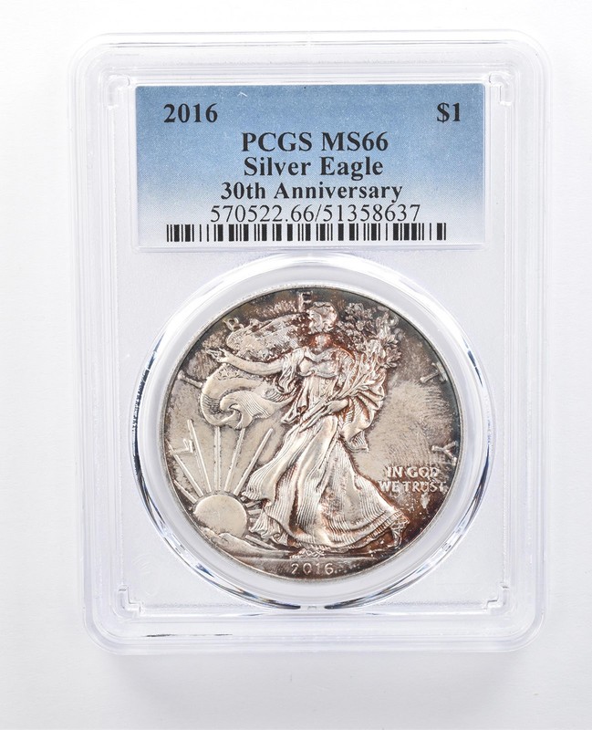 2016 American Silver Eagle MS66 PCGS Mottled Tone a8150