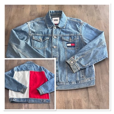 Tommy Hilfiger Jean Trucker Jacket Large Back Flag Logo Blue Denim  Button