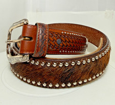 Ranger Belt Brown Leather Belt Silver Tone Buckle Cross Conchos Cowhide Inlay 40