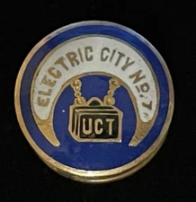 UCT Cobalt Blue Color Goldtone Letters On WhiteVintage SCREWBACK Tack Lapel Pin