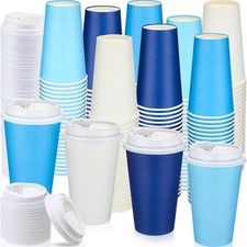 100 Pack 16 oz Blue Disposable Coffee Cups Bulk with Lids Straws Blue and Whi...