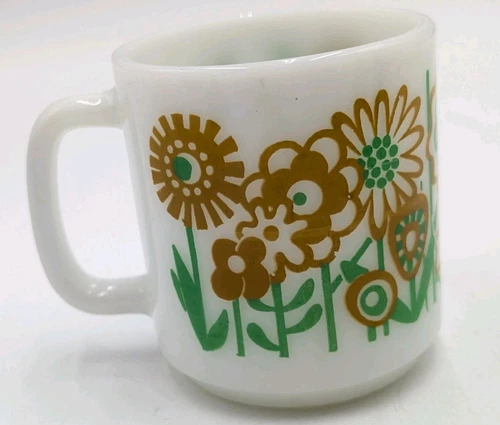 Glasbake #10 Floral Milk Glass Mug-Stacking & Green Gold Floral Vtg