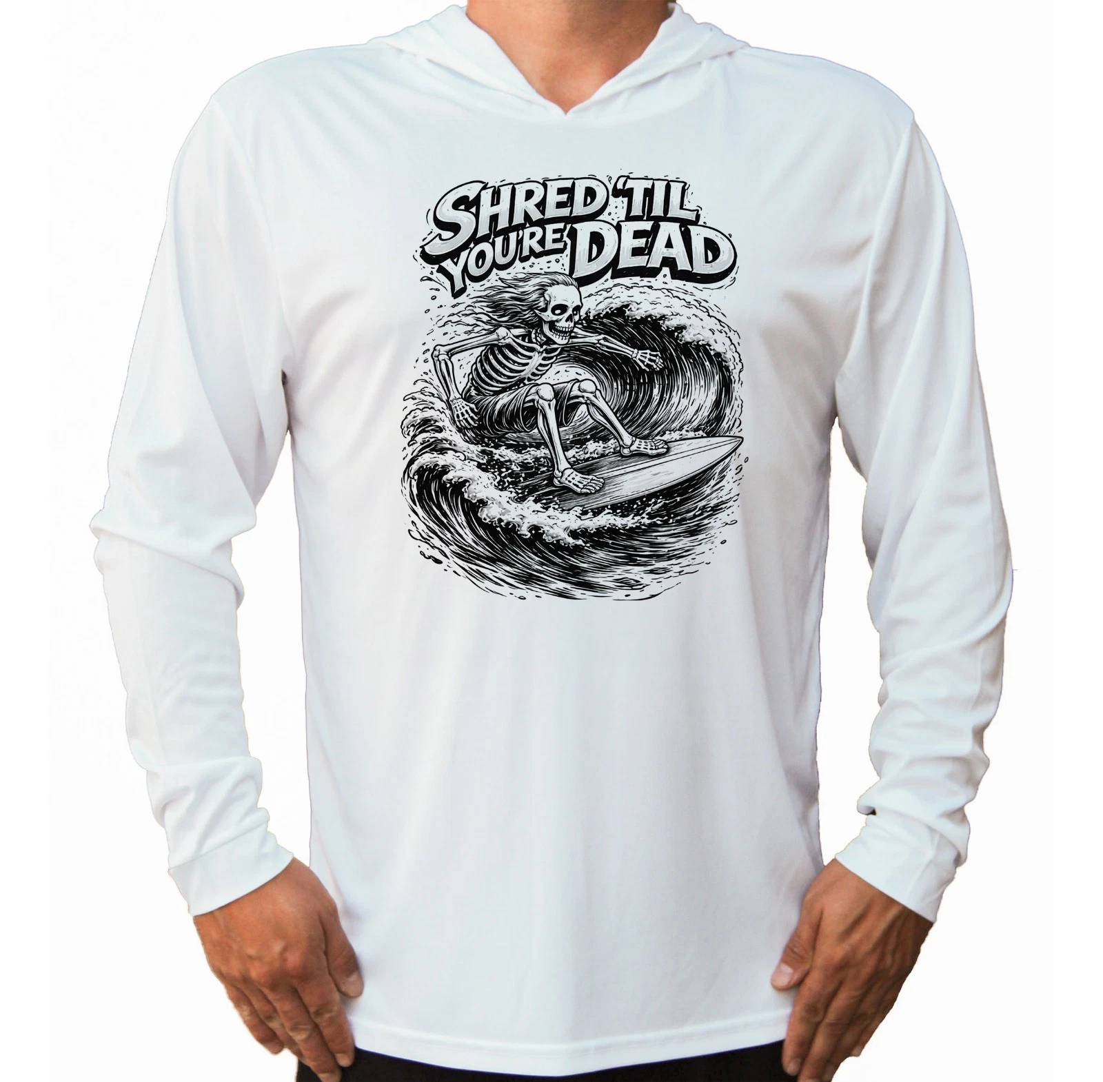 Shred wave surfing skeleton Sun UV Protected UPF 50 Long Sleeve T-Shirt Hood
