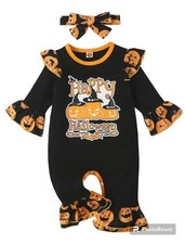 6-9M Baby Cute Happy Halloween Long Romper Hair Bow Pumpkins Ruffles