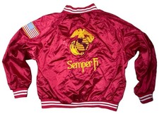 Vintage USMC Semper Fi Satin Bomber Jacket Red 2XL Made in USA Varsity Style