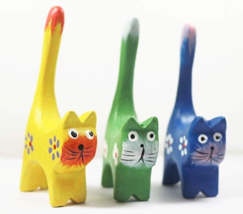 Set of 6 Long Tail Kitty Cat Figurine Decorative Carved Wooden Fgiures... - Picture 5 of 7