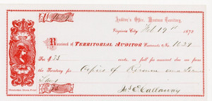 1872. Virginia City, Montana Territory.  Territorial Auditor Warrant.