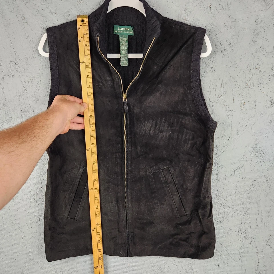 Chaleco Lauren Ralph Lauren Mujer Grande Cuero Negro Cachemira Lana Bolsillos Angora Foto 3 de 4