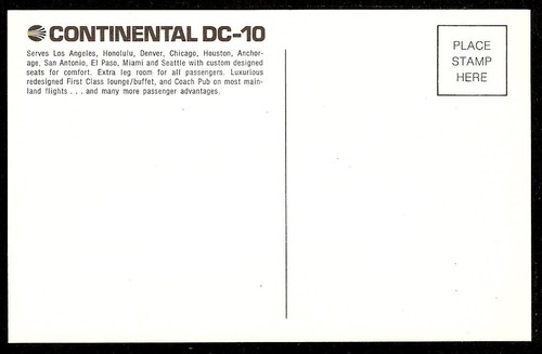 1970's CONTINENTAL AIRLINES Douglas DC-10 Advertising Promotional Postcard - Picture 2 of 2