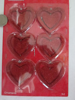 Pkg of 6- Red Glitter Spinner Heart Valentines Day Ornaments, 2 inch NEW  