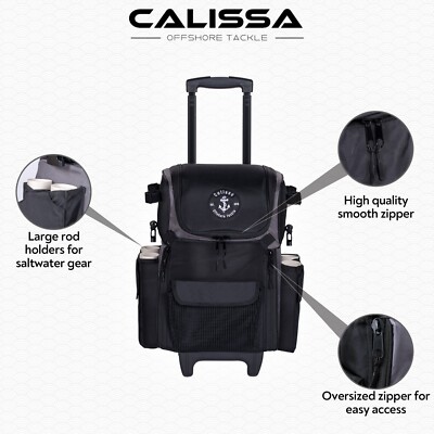 calissa tackle box Calissa Offshore Rolling Fishing Tackle Box with Wheels, Waterproof Fishing Backpack with Rod Holders Storage Bag Roller