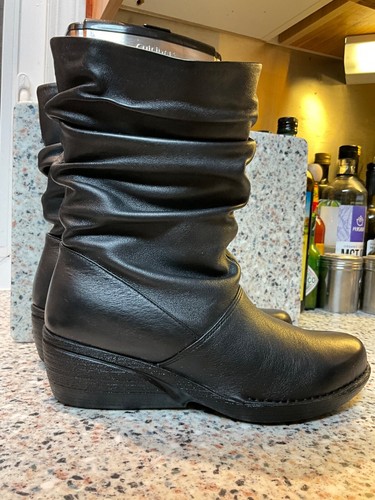 DANSKO BLACK LEATHER BOOTS SLOUCH SIZE 38/7-7.5 SIDE ZIP MID CALF - Picture 8 of 9